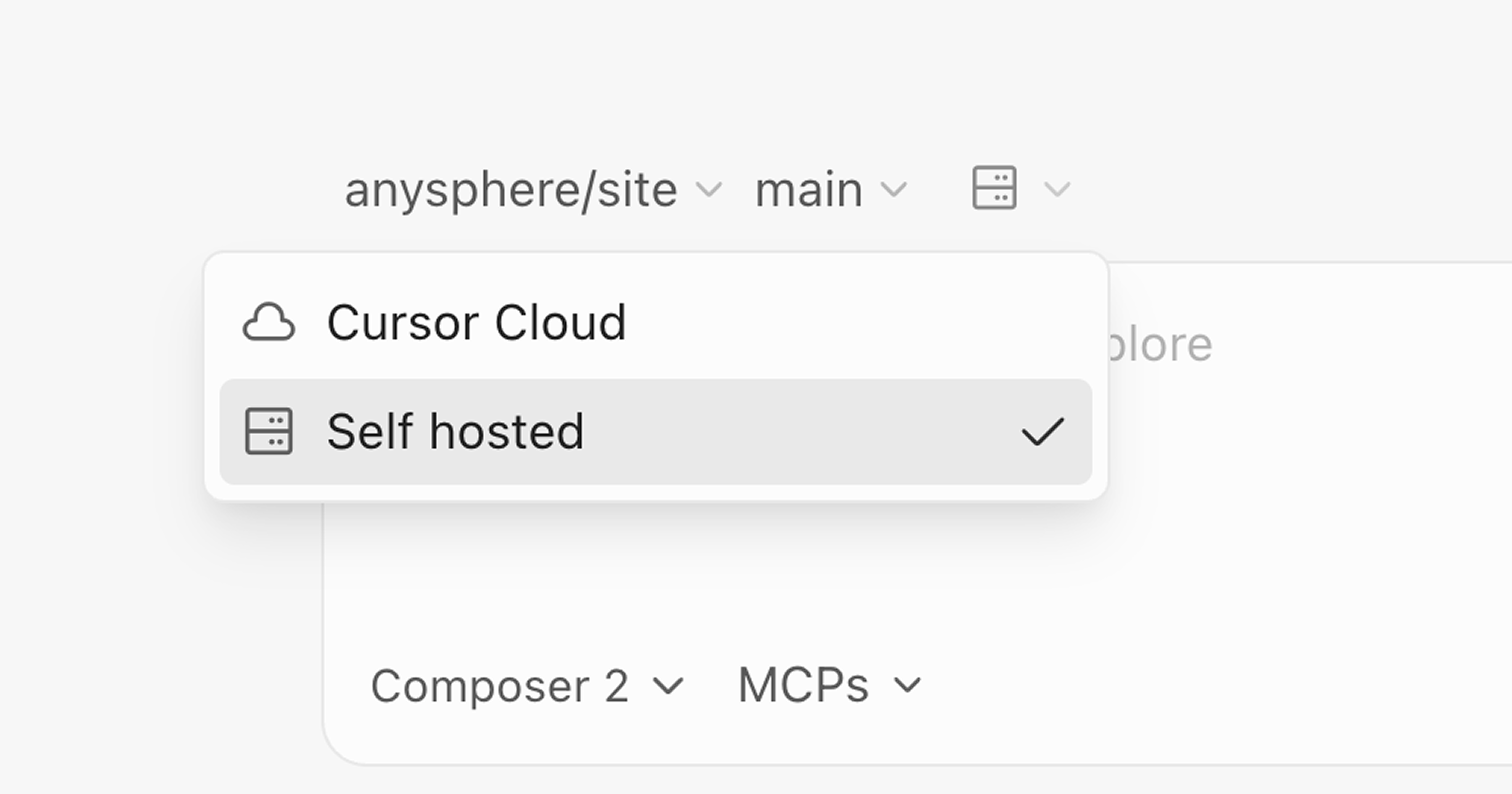 Cursor product menu offering cloud and self-hosted agent environments